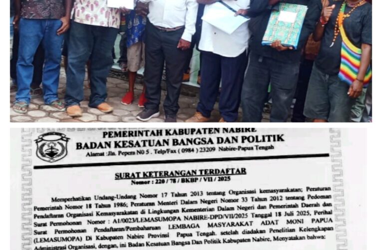 LEMAADSUMOPA Resmi Terdaftar, Suku Moni Kini Miliki Wadah Legal di Nabire